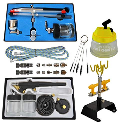 Airbrush Maxxi Zubehör Set II, 2 Profi-Airbrush Pistolen inkl. 0,2/0,3/0,5mm Düsen und Nadeln Reinigungsbürsten Set, Airbrush Adapter 10er Set