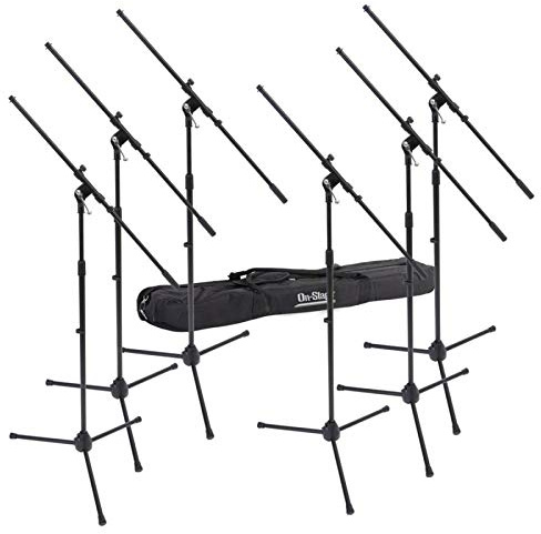 On-Stage MSP7706 Euro Boom 6 Mic Stands w/Travel Bag (For Vocal and Instrument Microphones, Height-Adjustable, Rugged, Lightweight, Steel, Standard Threading, Folding Tripod, Durable, Black)