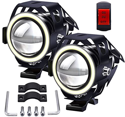 Biqing Faros Auxiliares de Moto U7 Faros Delanteros para Motocicleta Anillo de Halo Blanco 3000LM Impermeable IP67 con interruptor