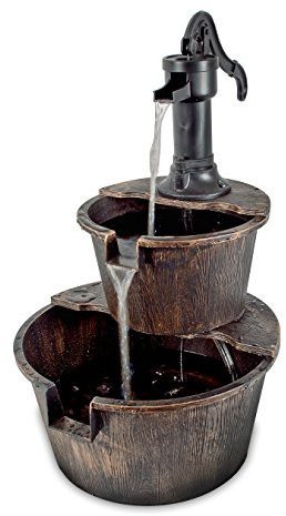 GardenKraft 20890 2-Tier Barrel Water Fountain With Pump/Traditional Rustic Wood Effect/Self Contained Water Pump / 67cm x 41cm