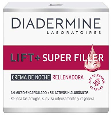 Diadermine Lift+ Super Rellenador Crema de Noche, con Micro Cápuslas de Ácido Hialurónico, para Pieles Maduras, Acción Antiarrugas, 50 mililitros