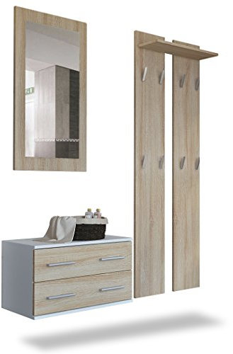 Vladon Garderobenset Garderobe Kioto, Made in Germany, Korpus in Weiß matt/Front in Eiche sägerau