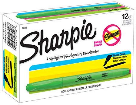 Sharpie Pocket Style Highlighters, Chisel Tip, Fluorescent Green, Box of 12
