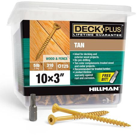 Deck Plus 3 Inch Epoxy Coated Exterior Wood and Fence Screws #10 x 3 Torx/Star Drive Included Coarse Thread, Outdoor Rust Resistant Decking Screw, Tan, 5 lb Box, 310 Pieces | 48419