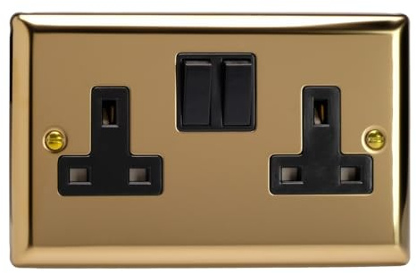 XV5B - Varilight - Classic - Victorian Brass - 2 Gang 13A Double Plug Socket - Black Inserts