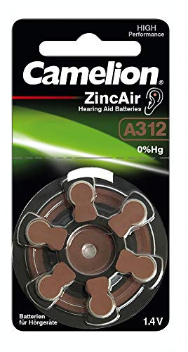 Camelion 15056312 - Zink Luft Knopfzellen-Batterie ohne Quecksilber A312/ZL 312 mit 1,4 Volt, 6er Set, Kapazität 160 mAh, für analoge oder digitale Hörgeräte