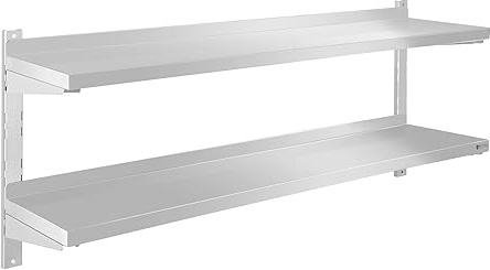 Royal Catering RCWR-140,2 Vägghylla i rostfritt stål, två hyllor, 140 x 30 cm à 3,5 cm tjocklek, 70 kg, lastkapacitet rostfri stålhylla för kök, kökshylla, rostfritt stål, hylla, gastronomi