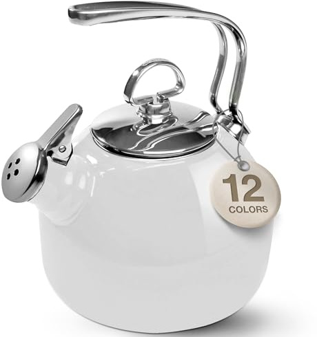 Chantal Classic Teakettle, 1.8 QT, Enamel On Steel, 2-Tone Harmonica Whistle, Rapid Boil and Even Heating (White)