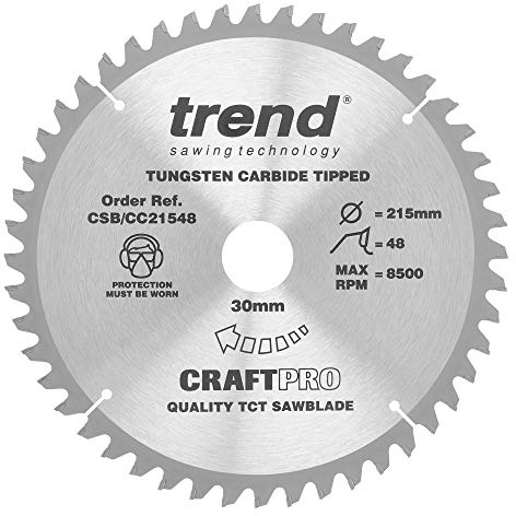 Trend Wood Mitre Saw Blade, 215mm Diameter, 30mm Bore, 48 Teeth, 2.6mm Kerf, -5° Hook, TCT, Medium/Fine Finish, CSB/CC21548