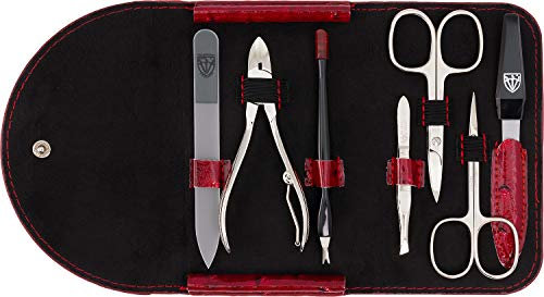 DREI SCHWERTER - Germany 7-tlg. Nageletui 'Romagna' | Maniküre Nagelset im Kunstlederetui weinrot Straussoptik | Inhalt: Nagelschere, Hautschere, Glasnagelfeile, Nagelzange, Pinzette, Hautentferner