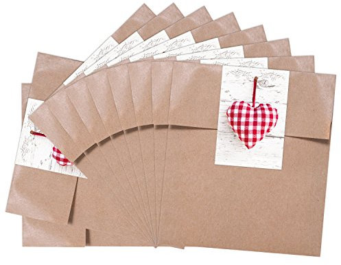 Logbuch-Verlag 10 kleine Papiertüten braun 13 x 18 cm mit Herz Aufkleber rot weiß kariert Geschenkverpackung bayerisch rustikal