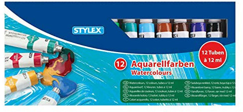 Stylex 28650 - Aquarellfarben im Set, 12 Tuben á 12 ml, auf Wasserbasis hergestellt, wasserverdünnbar, untereinander mischbar und lichtbeständig