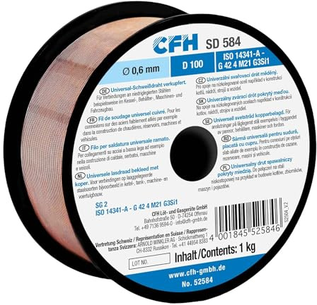 CFH Universal-Schweißdraht Ø 0,6 mm SD 584 – 1 kg Spule, D 100, verkupferter MIG/MAG-Schweißdraht zum Schutzgasschweißen von unlegierten und niedriglegierten Stählen, ISO 14341-A - G 42 4 M21 G3Si1