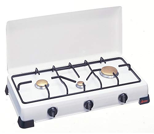 Ardes AR9S03PG - Hornillo ZEUS esmaltado a gas GLP 3 fuegos con tapa y rejilla de placa esmaltada, patas de apoyo blanco