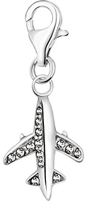 Quiges Charm Anhänger Weiß Zirkonia Flugzeug 925 Silber mit Karabinerverschluss für Bettelarmbands