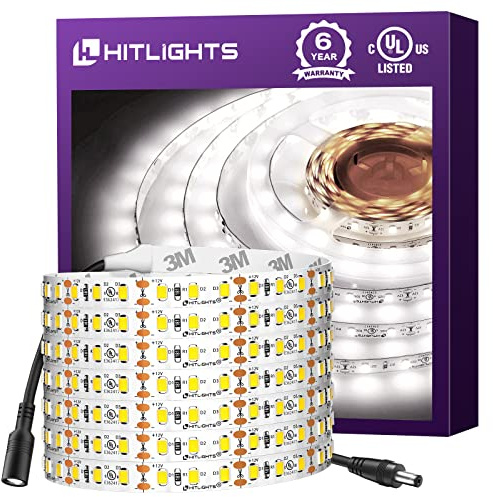 HitLights LED Strip Lights Cool White 5000K, 16.4ft High Density 12V Tape Light, UL-Listed, 600 LEDs, 300Lm/ft, Flexible Dimmable Rope Lights for Bedroom, Kitchen, Cabinet (Power Source Not Included)