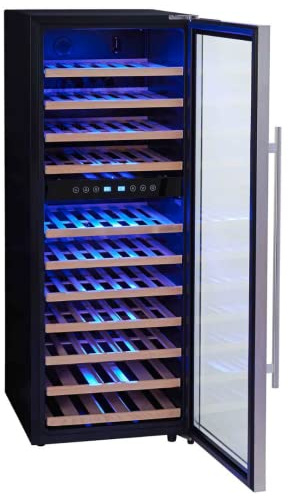 PKM Weinkühlschrank Vinothek WKS72B/ 5-18 °C/ 11 Holzeinschübe/ 192L Nutzinhalt/Platz für 73 Flaschen Wein/Soft-Touch Bedienfeld/LED-Beleuchtung/41 dB/ 128x50cm/ Edelstahl