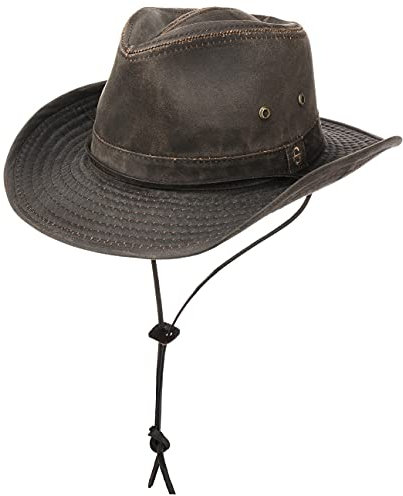 Stetson Diaz Outdoorhut Herren Westernhut mit Kinnband und biegbarem Rand Cowboyhut UV-Schutz 40+ Stoffhut Baumwolle Washed/Used Design Sommer Winter braun L (58-59 cm)