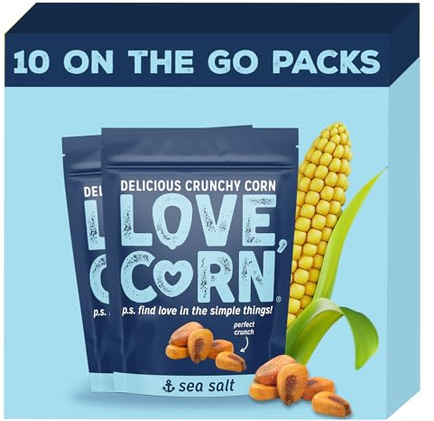 LOVE CORN Sea Salt Crunchy Corn Snack | 45g x 10 Bags | Low Sugar, Vegan, Gluten-Free, Kosher | Simple Ingredients | Lunchbox or On-The-Go Treat | Crisps & Nuts Alternative | Healthy Graze | UK Made