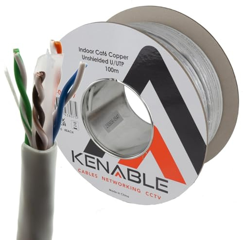kenable Cat6 Ethernet Cable Reel 100m Grey | 23AWG Solid Copper UTP Network Cable | Indoor PVC | Fluke Tested | CPR Eca Rated | RJ45 LAN Cable Box