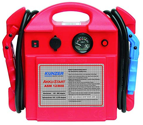 KUNZER ASM 12/800 Akku-Start tragbar 12V 2.370/800 A, Startgerät, Ladekabel | austauschbare AGM Batterie auf Blei-Säure-Basis, Überbrückungskabel, Starthilfe-Zangen, Klemme