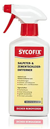 SYCOFIX Salpeter- & Zementschleierentferner, Spezialreiniger für Ausblühungen, Zement- und Kalkspuren, Fette auf Putz, Ziegel, Beton, Naturstein, auch als Urinstein Löser anwendbar 500ml