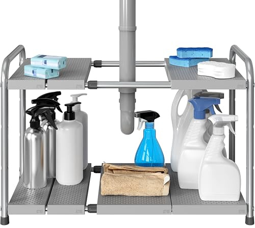 Simple Houseware Under Sink 2-Tier Heavy Duty Expandable Rack Organizer, Adjustable Width 15.75–25 Inches with 4 Shelf Height Levels, Silver