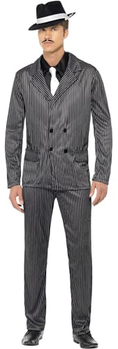 Smiffys Disfraz de gánster, chaqueta de raya diplomática y pantalones, pechera de camisa y corbata Halloween, Carnaval