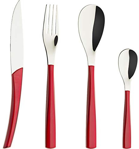 Guy Degrenne Quartz Ménagère 24 Couverts Manche Rouge | 24 Pièces en Acier Inoxydable 18/10 et Manches en Polymère Rouge pour 6 Personnes, Couteaux Lame Scie