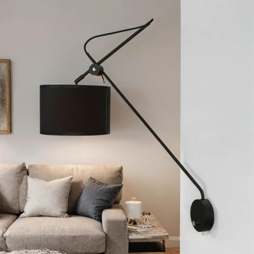 Licht-Erlebnisse Wandlampe Stoff Metall Schwarz Gold Wohnzimmer Schlafzimmer B:23,5 cm E14 Modern blendarm verstellbare Wandleuchte Innen VIPER