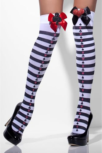 Smiffys Medias opacas, negras y blancas, a rayas con lazos rojos Halloween, Carnaval