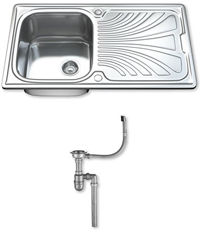 Dihl 1001 Kitchen Sink with Drainer, Single Bowl 1.0, Rectangle, 304 Stainless Steel, Silver, 86 x 50 cm, Inset, Includes Full Waste Kit and fixings