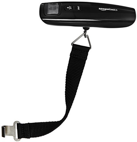 Amazon Basics Tragbare Digitale Kofferwaage mit Haken, Tara-Funktion und Einheitenumrechnung – Präzise Gewichtsmessung bis 50 kg, Praktisch für Reisen,Einheitsgröße, Schwarz