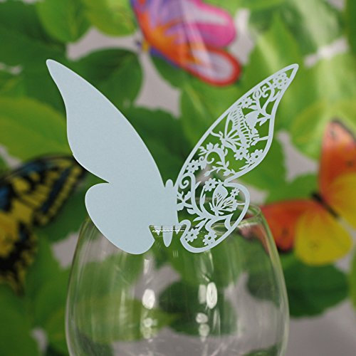 Set di cinquanta decorazioni per bicchieri, prodotto realizzato in carta, a forma di farfalla, ideale per decorare la tavola o da usare a parte come segnaposto blu
