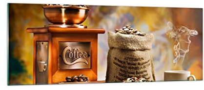 Panorama Bilder auf Glas Kaffee Körner Mühle Tasse Glasbild 140x50cm Wandbilder Dekoration Wohnzimmer Schlafzimmer Küche Groß XXL Wanddeko Bild im Glas Wand Kunstdruck Art Modern GAB140x50-2592
