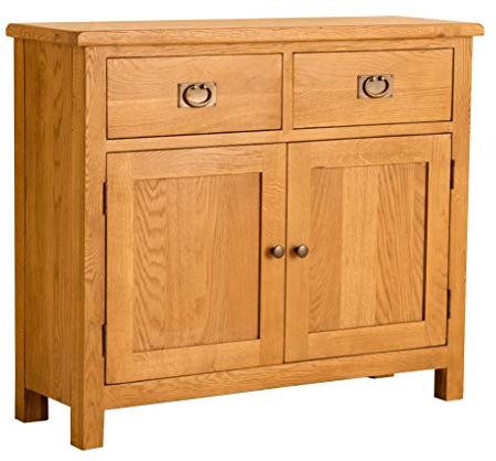 RoselandFurniture Lanner Oak Small Sideboard Cabinet for Dining Room | Fully Assembled, 2 Drawer Buffet Cupboard for Hallway or Living, Waxed Solid Wood Finish, Traditional Rustic Style