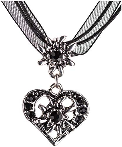 Schöneberger Trachten Couture élégant collier avec pendentif Cœur et edelweiss avec strass Style traditionnel bavarois Disponible dans de nombreuses couleurs Pour Dirndl et pantalon en cuir Bijou pour femme - noir - Taille unique