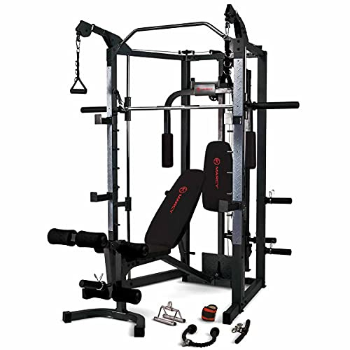 Marcy Multiestaciones Eclipse RS7000 – Jaula de musculación con Barra olímpica guiada & Banco de pesas con Curl de piernas – Squat Rack Sentadillas – Power Cage Barra fija de Dominadas - Pectorales Pec Dec – Home Gym con Poleas altas cruzadas y Remo Sentado
