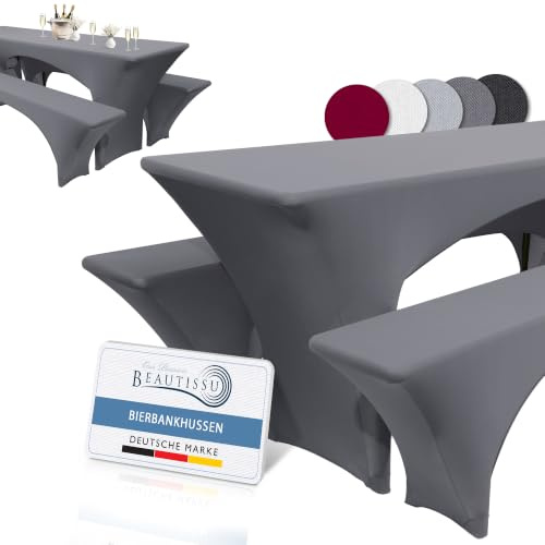 Beautissu Stretchhussen Set 3tlg. für Bierzeltgarnitur mit Biertisch | 220x70cm Anthrazit elastische festliche Hussen für Edles Husse Bierbank Sitzbezug Tischdecke stehtische Victoria