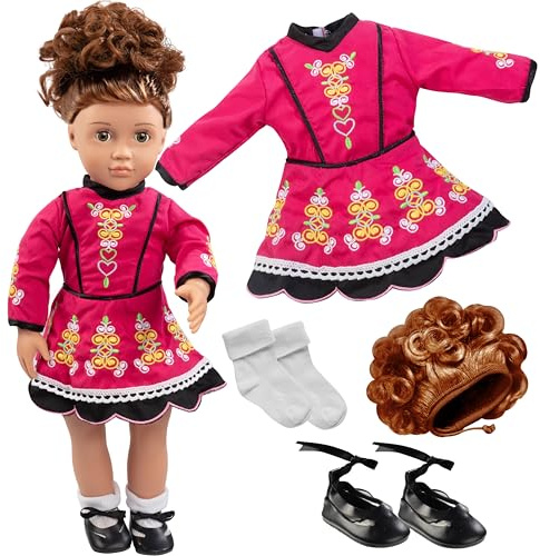 Irish Step Dancing Doll Outfit (4 Piece Set)- Premium Handmade Clothes and Accessories for All 18 Dolls -Costume Includes Dance Dress, Brunette Hairpiece, Gillies, & Leggings-Gift for Girls Birthdays