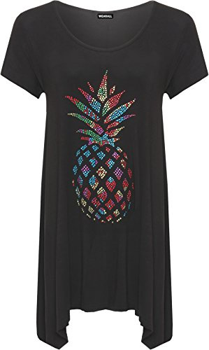 WearAll Femmes Plus Diamante Ananas Haut Dames Mouchoir Ourlet Court Manche Évasée Haut - Noir - 46
