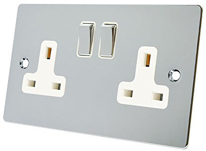 Alliance Electrical FPC2GSOCWC Polished Chrome Flat 2 Gang White Insert Metal Rocker Switches-13 Amp Double Plug Socket, 250 V