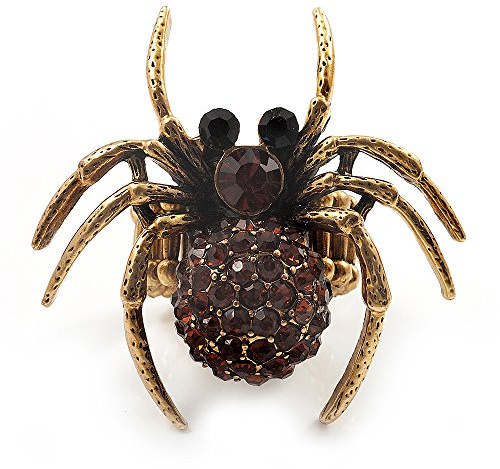 Ravissante Bague Cocktail Extensible Araignée Cristal Ambre (Métal Argent Cuivré)