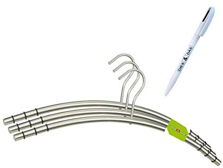 3 Stück Designer Kleiderbügel aus Edelstahl + DIES&DAS Kugelschreiber im Wert von 2,90 € rostfrei matt gebürstet rutschfest mit 6 STK. antirutsch Silikon- Gummiringen im Schulterbereich von DIES&DAS