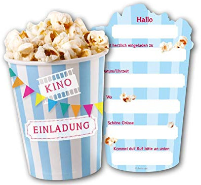 DH-Konzept 6 Einladungskarten * Kino * für Kindergeburtstag oder Party Kinder Geburtstag Party Einladung Einladungen Karte Mottoparty Popcorn