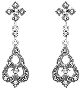 Esse Marcasite Sterling Silver Art Nouveau Pave Set Marcasite Drop Earrings of 3cm