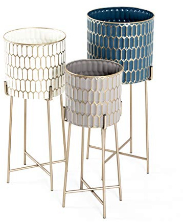 HAKU Möbel Blumensäule 3er Set Creme, Gold, Petrol, Taupe, Metall - Maße: H 59/64/70 cm x Ø 22/26/29 cm, Style: Art Deco