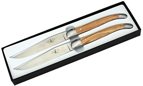 Forge de Laguiole - 2er Set französische Steakmesser - Griff Olivenholz - Edle Tafel-Messer - Stahl matt