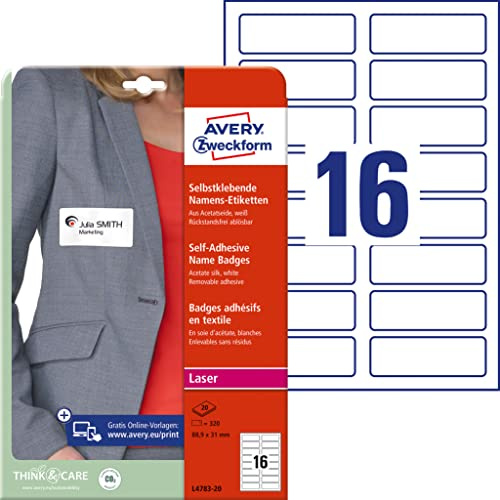 AVERY Zweckform L4783-20 Namensetiketten (320 Namensaufkleber, 88,9x31mm auf A4, selbstklebend, bedruckbare Textiletiketten aus Acetatseide für Laserdrucker, rückstandsfrei ablösbar) 20 Blatt, weiß