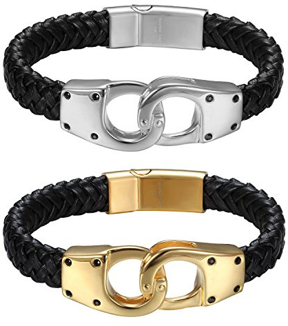 JewelryWe Schmuck Herren Armband, Edelstahl Handschellen verbinden Design mit Leder Band Armreif, Silber Gold schwarz